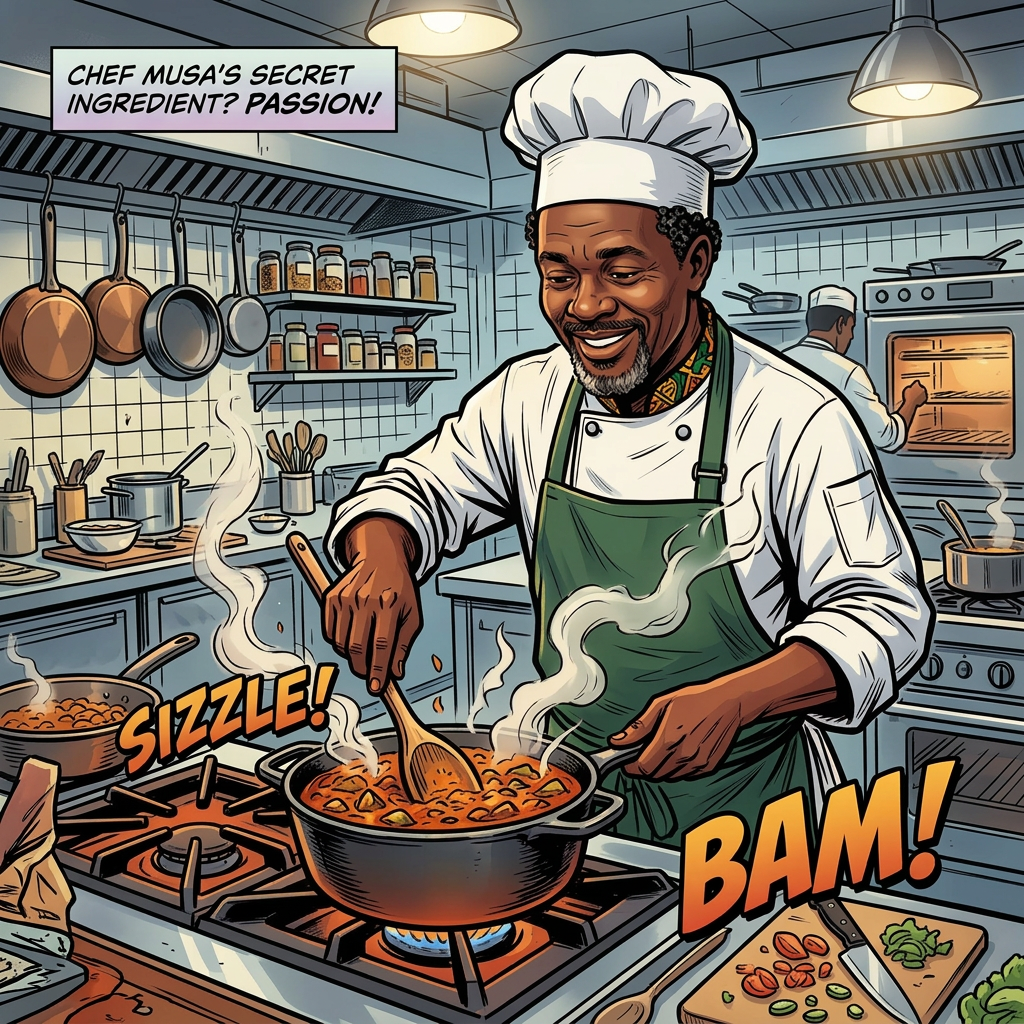 Chef cooking a steaming dish with a wooden spoon in a professional kitchen